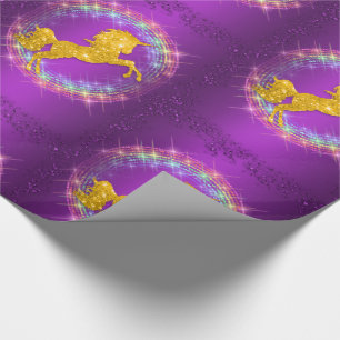 Golden Unicorn Rainbow Sparkles Purple Wrapping Paper