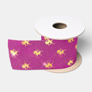 Golden Unicorn Sparkle Pattern on Magenta Satin Ribbon