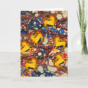 GOLDEN UNICORNS ,RED BLUE MARBLED EFFECTS Birthday Holiday Card