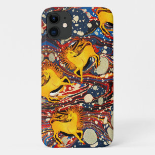 GOLDEN UNICORNS ,RED BLUE MARBLED EFFECTS ,CIRCLES iPhone 11 CASE