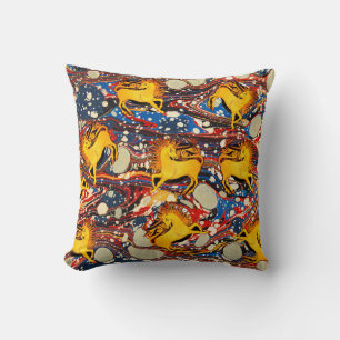 GOLDEN UNICORNS ,RED BLUE MARBLED EFFECTS ,CIRCLES CUSHION