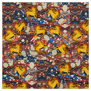GOLDEN UNICORNS ,RED BLUE MARBLED EFFECTS ,CIRCLES FABRIC