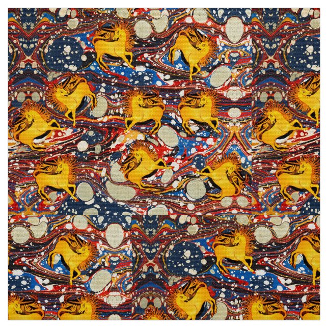 GOLDEN UNICORNS ,RED BLUE MARBLED EFFECTS ,CIRCLES FABRIC (Swatch)