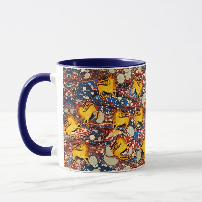 GOLDEN UNICORNS ,RED BLUE MARBLED EFFECTS ,CIRCLES MUG (Left)