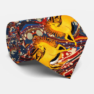 GOLDEN UNICORNS ,RED BLUE MARBLED EFFECTS ,CIRCLES TIE