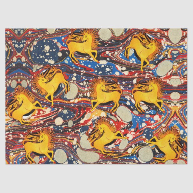 GOLDEN UNICORNS ,RED BLUE MARBLED EFFECTS ,CIRCLES TISSUE PAPER (Front)
