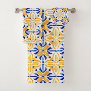 Golden Valencia Blossom Blue and Amber Floral Bath Towel Set