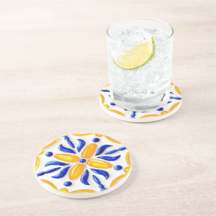 Golden Valencia Blossom Blue and Amber Floral Coaster