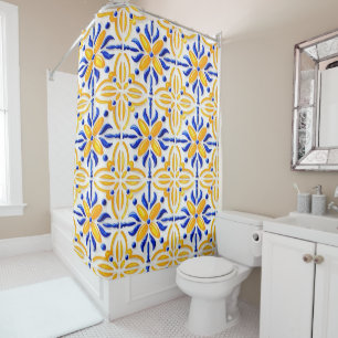 Golden Valencia Blossom Blue and Amber Floral Shower Curtain