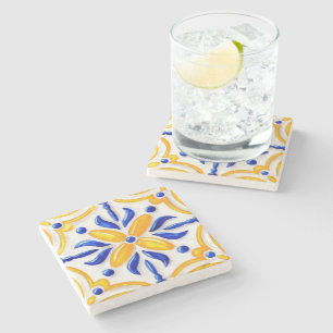 Golden Valencia Blossom Blue and Amber Floral Stone Coaster