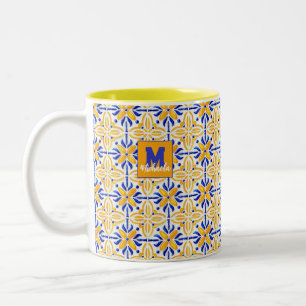 Golden Valencia Blossom Blue and Amber Floral Two-Tone Coffee Mug