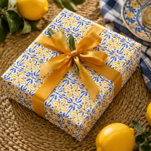 Golden Valencia Blossom Blue and Amber Floral Wrapping Paper