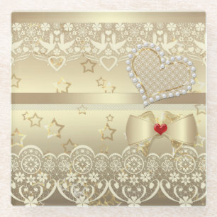 Golden Valentines Day Wedding illustration heart l Glass Coaster