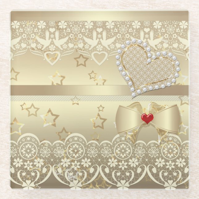 Golden Valentines Day Wedding illustration heart l Glass Coaster (Front)