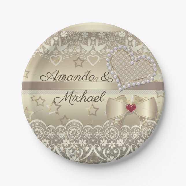 Golden Valentines Day Wedding illustration heart l Paper Plate (Front)