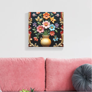 Golden Vase with a Vibrant Bouquet Canvas Print