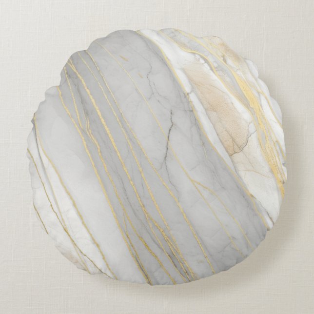 Golden Veined Carrara Marble Texture Round Cushion (Front)