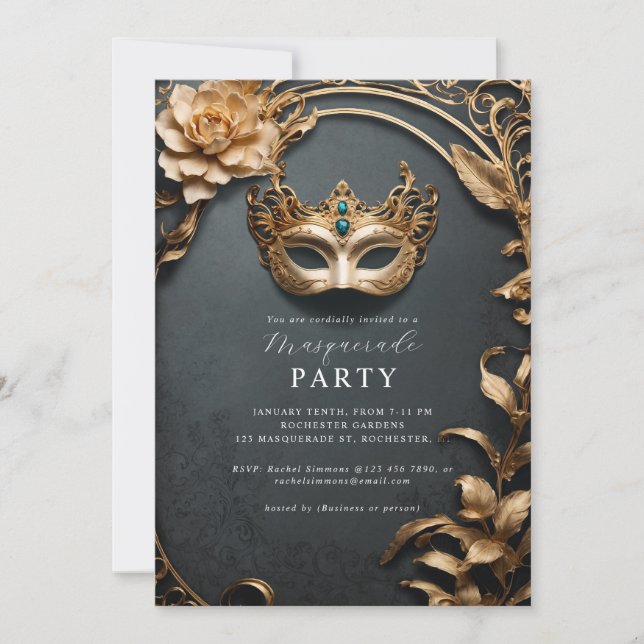 Golden venetian mask masquerade ball  invitation (Front)