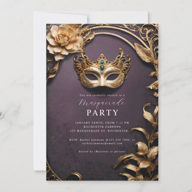 Golden venetian mask masquerade ball  invitation (Front)