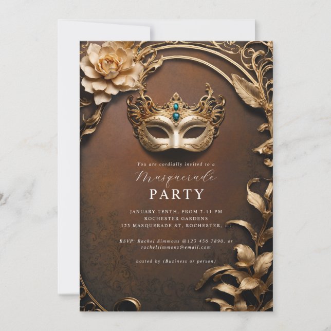 Golden venetian mask masquerade ball  invitation (Front)