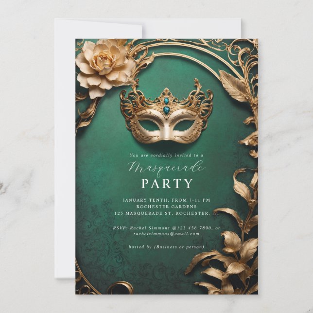 Golden venetian mask masquerade ball  invitation (Front)