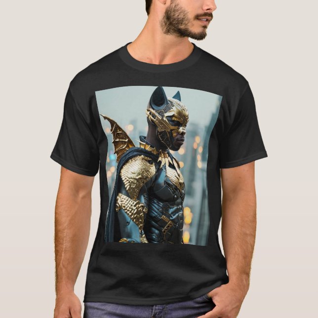 Golden Vengeance: African Bat Man in Cyberpunk Arm T-Shirt (Front)