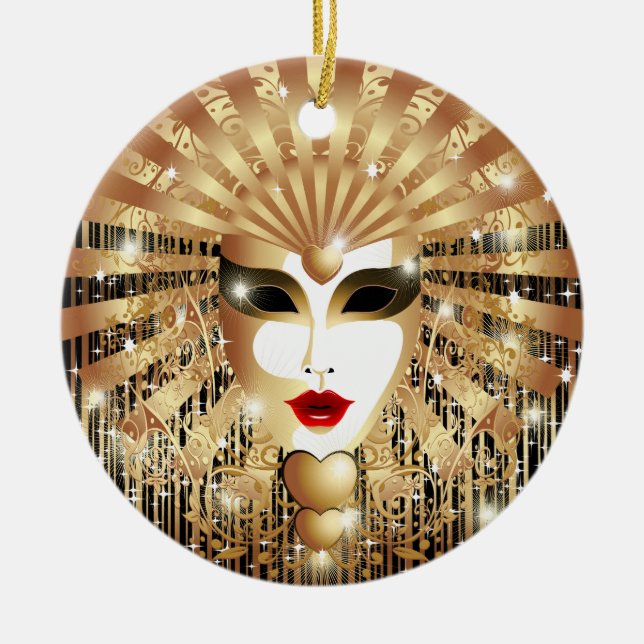 Golden Venice Carnival Party Mask Ceramic Tree Decoration (Front)