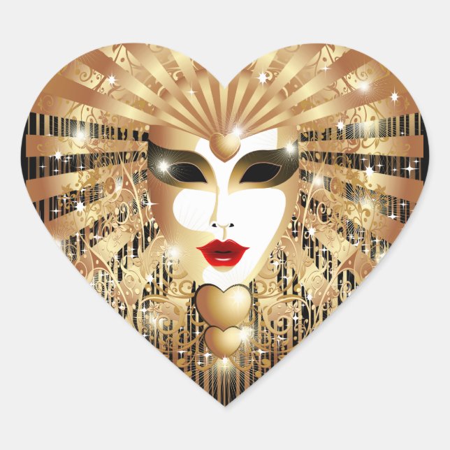 Golden Venice Carnival Party Mask Heart Sticker (Front)