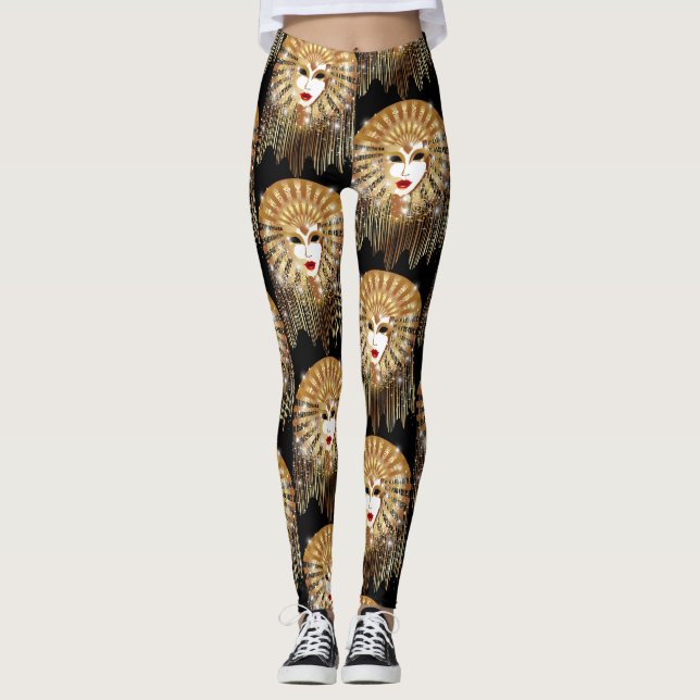 Golden Venice Carnival Party Mask Leggings (Front)