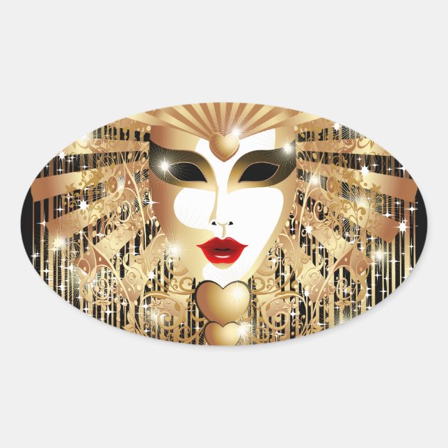Golden Venice Carnival Party Mask Oval Sticker (Front)