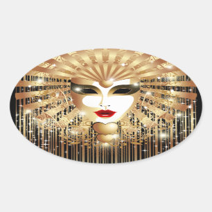 Golden Venice Carnival Party Mask Oval Sticker