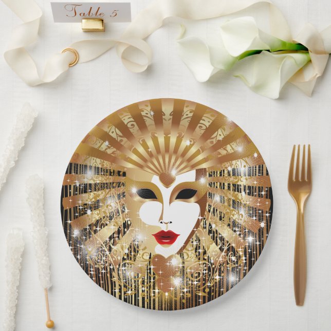 Golden Venice Carnival Party Mask Paper Plate (Wedding)