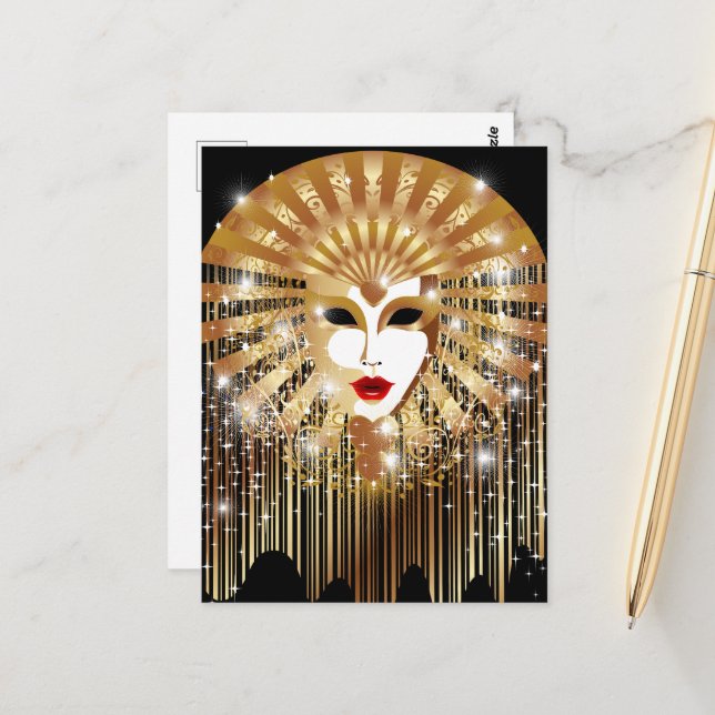 Golden Venice Carnival Party Mask Postcard (Front/Back In Situ)