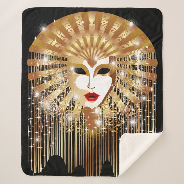 Golden Venice Carnival Party Mask Sherpa Blanket (Front)
