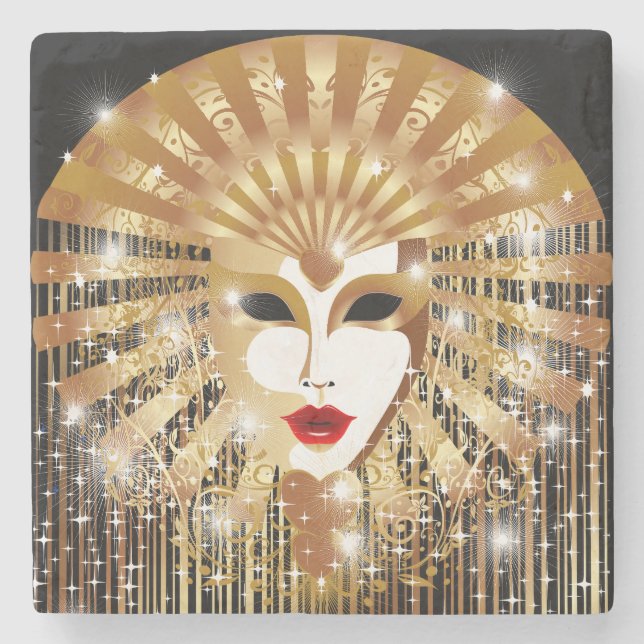 Golden Venice Carnival Party Mask Stone Coaster (Front)