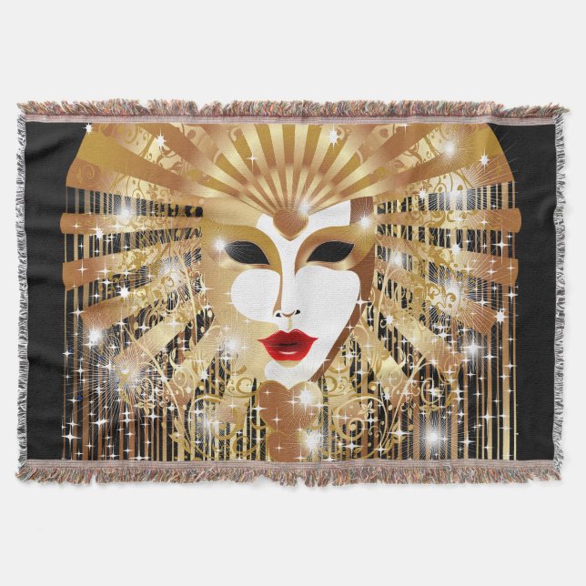 Golden Venice Carnival Party Mask Throw Blanket (Front)