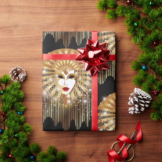 Golden Venice Carnival Party Mask Wrapping Paper (Holiday Gift)