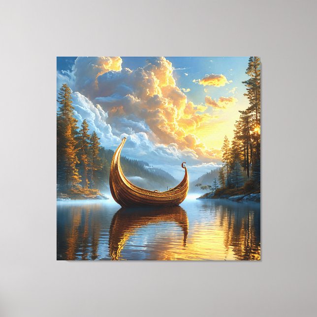 Golden Viking-Inspired Boat Resting on Mystic Lake Canvas Print (Front)