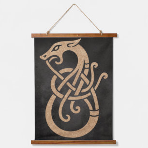 Golden Viking Serpent Knot Symbol Hanging Tapestry