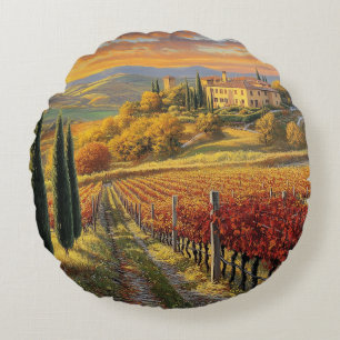 Golden Vineyard Path – Round Throw Pillow