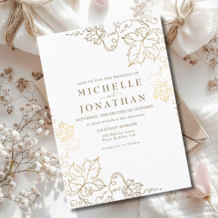 Golden Vineyard White Faux Gold Wedding Invitation