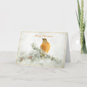 Golden Vintage Bird in the Snow Holiday Card