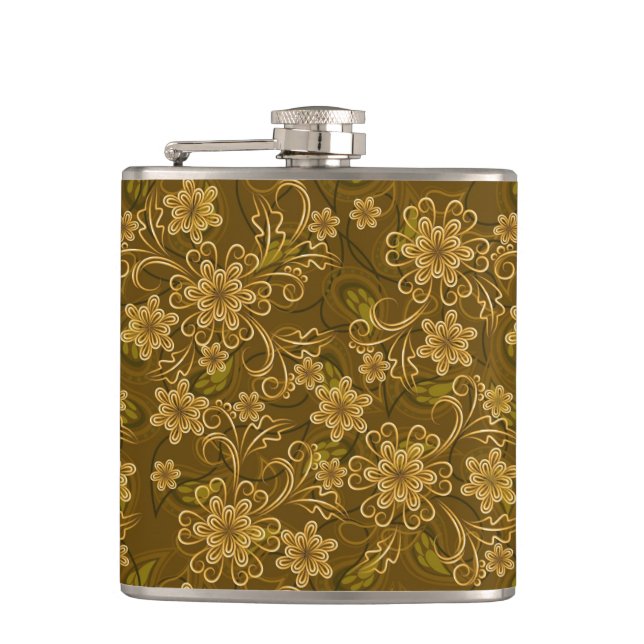 Golden vintage floral pattern hip flask (Front)