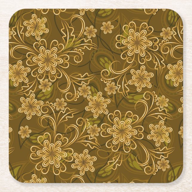 Golden vintage floral pattern square paper coaster (Front)