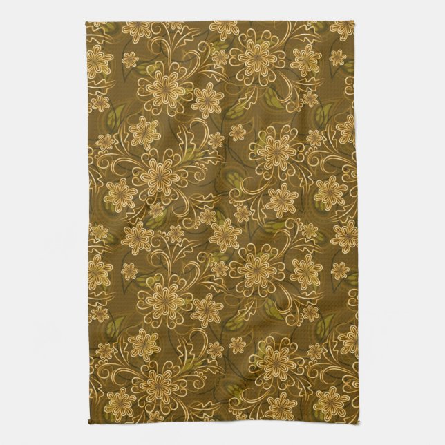 Golden vintage floral pattern tea towel (Vertical)