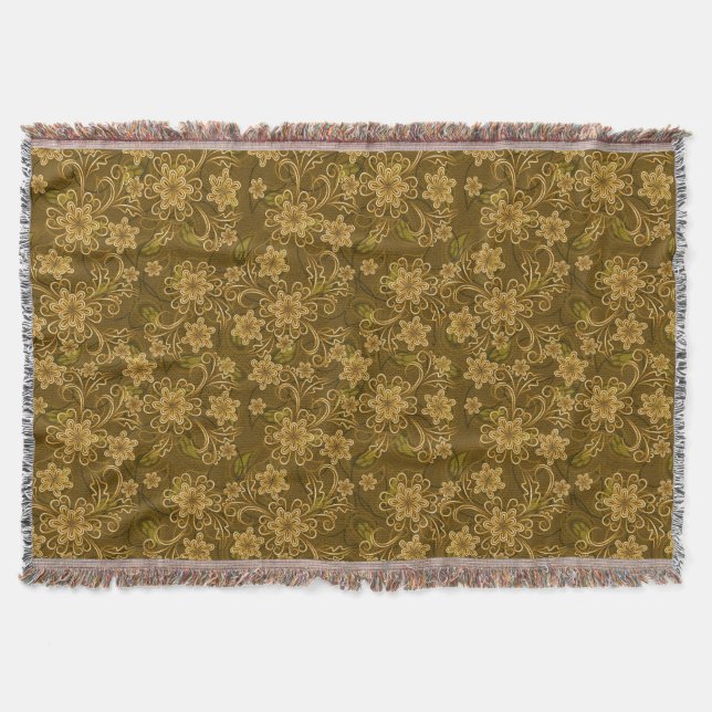 Golden vintage floral pattern throw blanket (Front)