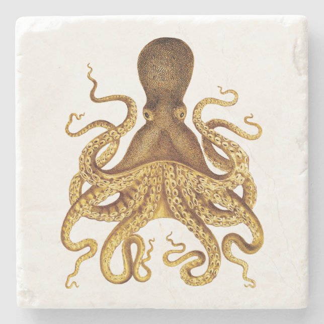 Golden Vintage Octopus Illustration Stone Coaster (Front)