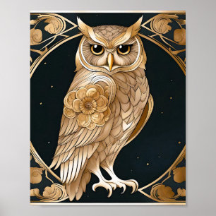 Golden Vintage Owl Art Deco Poster