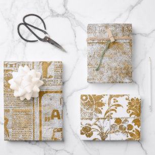 Golden Vintage Script Grunge Pattern Decoupage  Wrapping Paper Sheet
