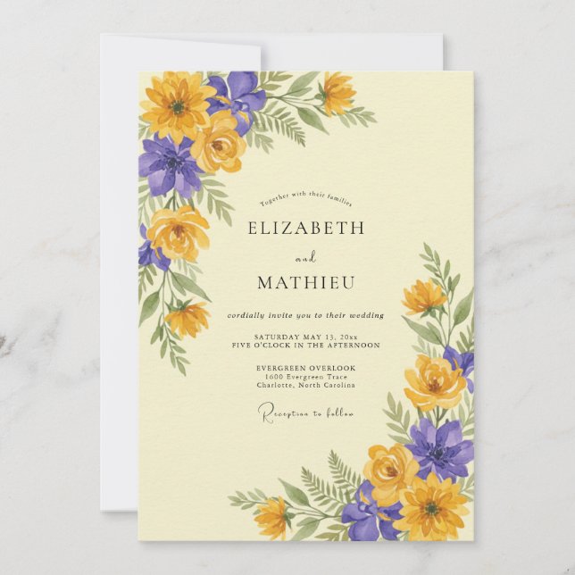 Golden Violet Ranunculus Eucalyptus Wedding Invitation (Front)